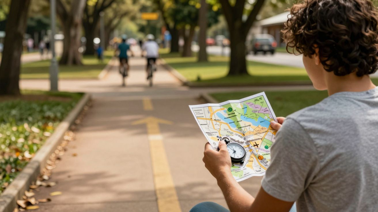 Jovem na ciclovia segura um mapa e uma bússola, enquanto duas pessoas andam de bicicleta ao fundo entre árvores.