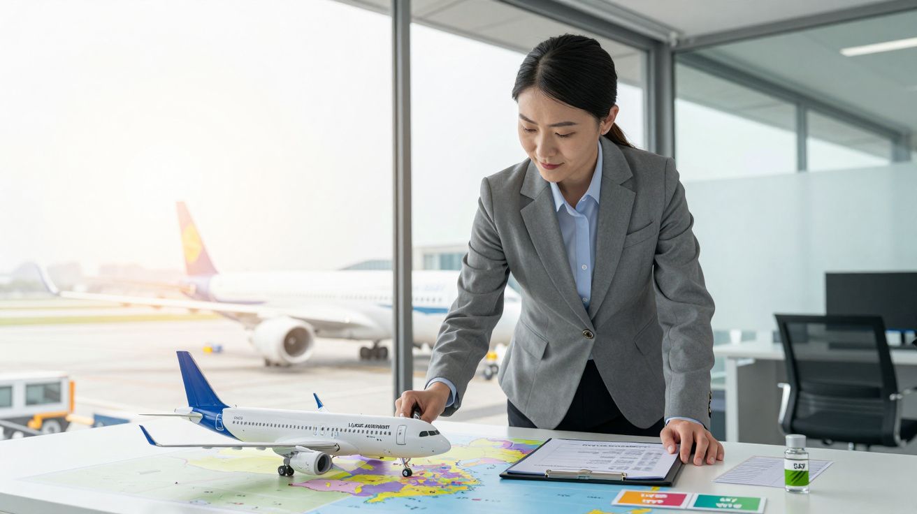 Mulher de fato cinza analisa mapa com modelo de avião em sala com janelas, vista para pista de aeroporto ao fundo.