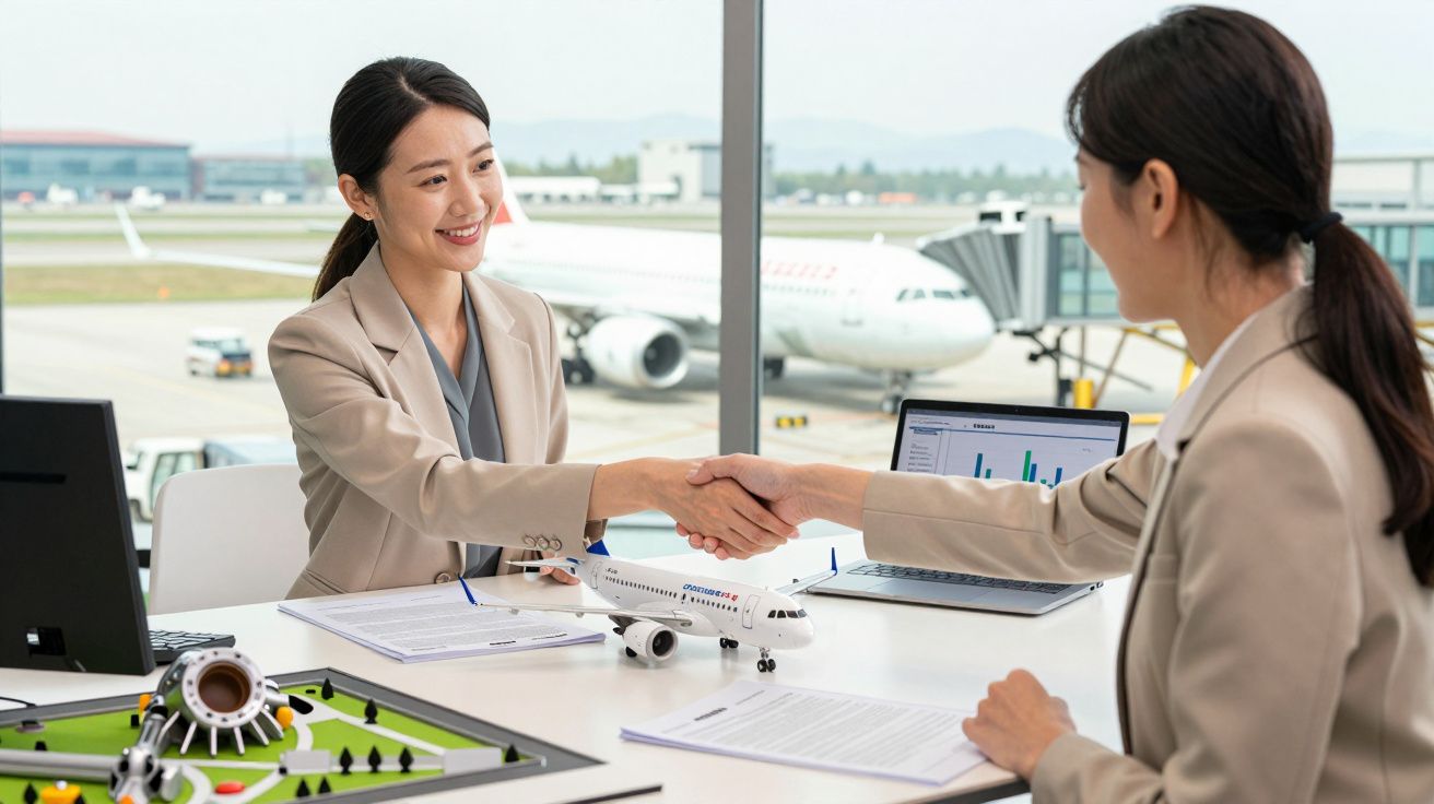 Duas mulheres de negócios cumprimentam-se num escritório com vista para um aeroporto, com maquetes de avião e documentos na m