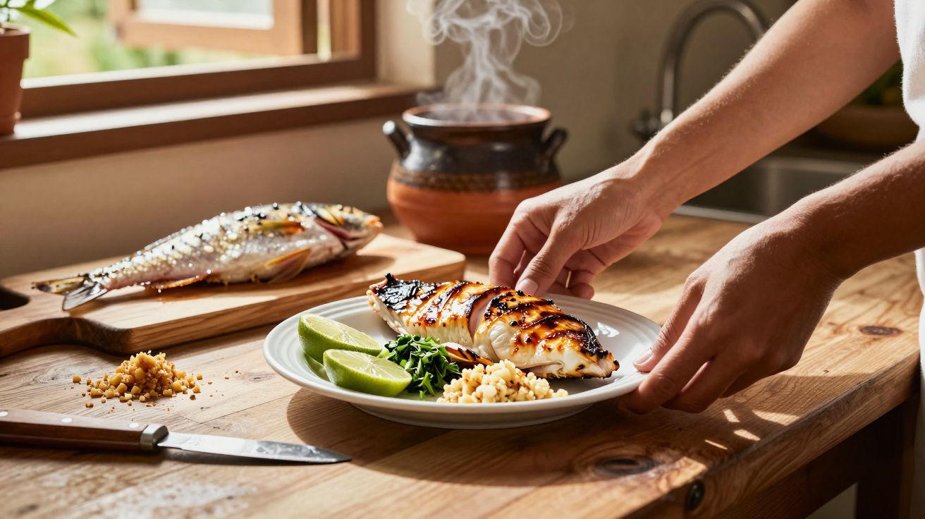 Pessoa a servir prato com peixe grelhado, limão, arroz e ervas numa cozinha de madeira iluminada pelo sol.