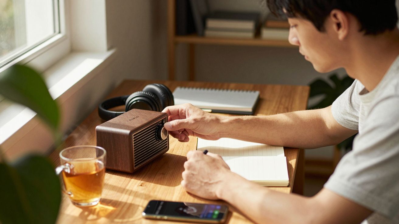 Homem ajusta rádio vintage na secretária, com chá, caderno e telemóvel ao lado.