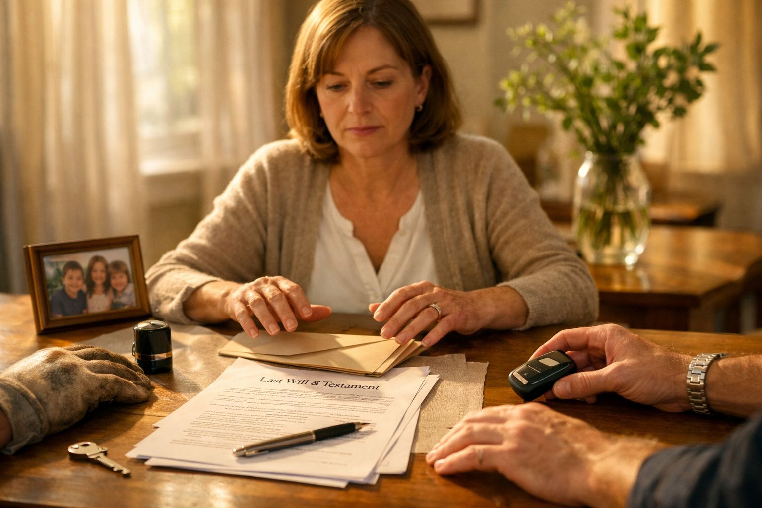 Grupo de três mulheres e dois homens a ler documento importante sobre uma mesa, com uma moldura e chave ao lado.