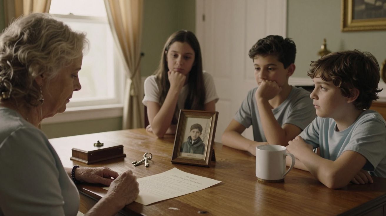 Mulher e três crianças numa mesa, olhando para um documento e uma fotografia sobre a mesa.