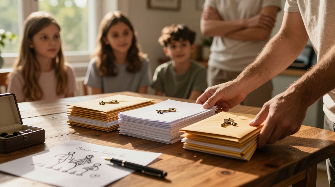 Pessoa organiza envelopes em mesa de madeira com crianças a observar ao fundo. Desenho e caneta no primeiro plano.