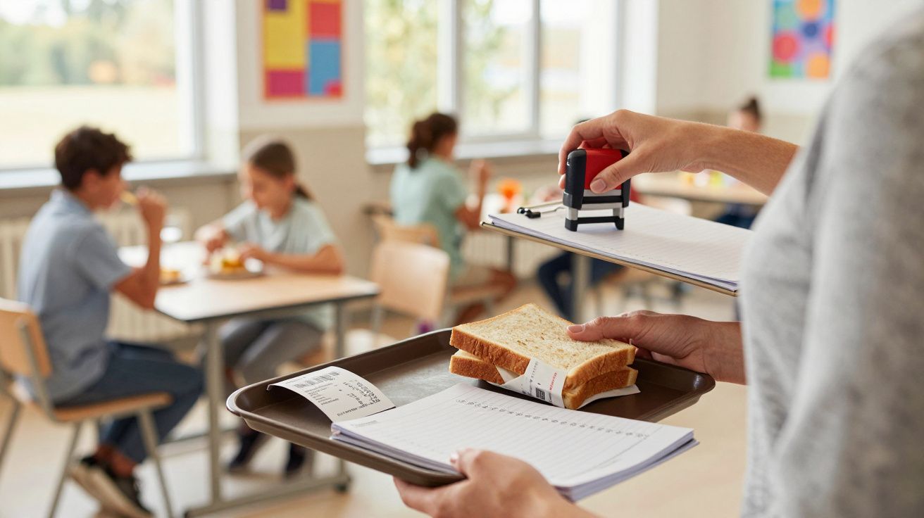 Pessoa serve sandes numa cantina escolar enquanto alunos conversam em volta de uma mesa ao fundo.