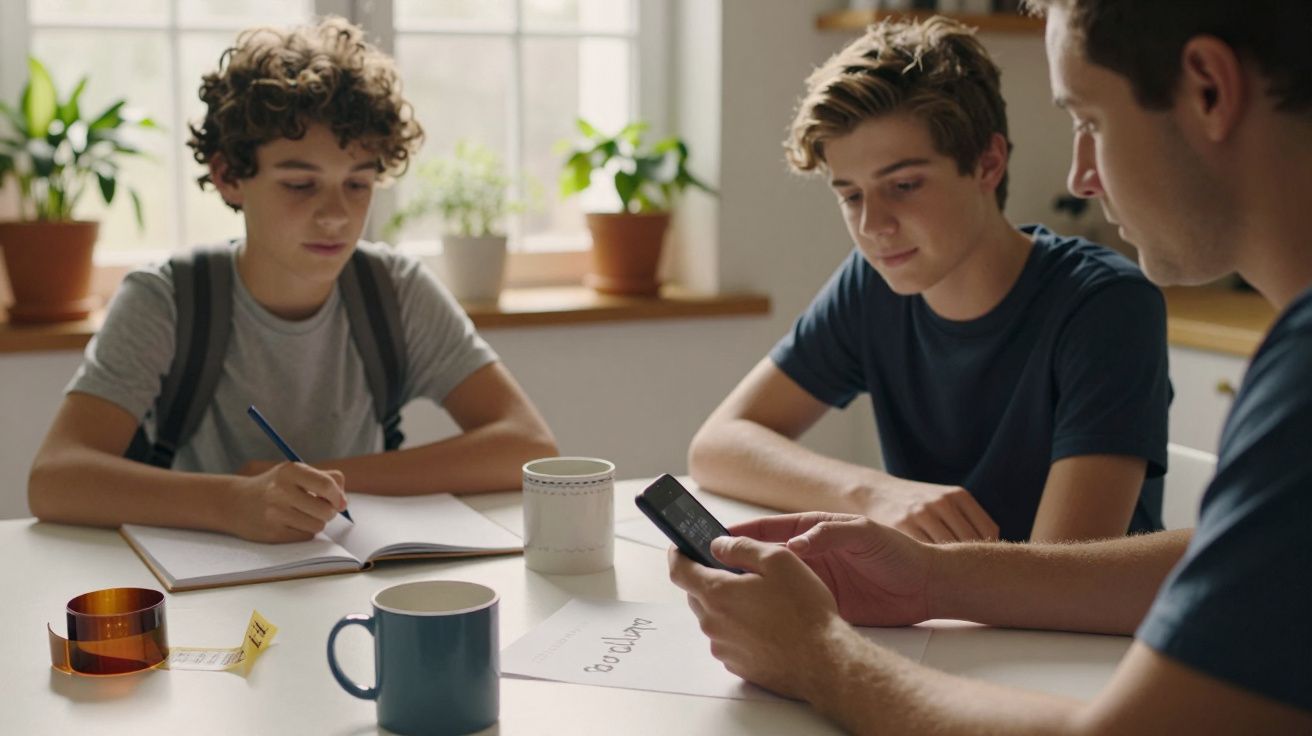 Três pessoas sentadas numa mesa, duas jovens a estudar e um adulto a consultar um telemóvel, num ambiente acolhedor.