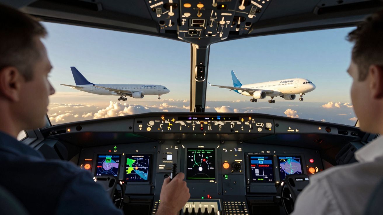 Cockpit de avião com dois pilotos e dois aviões a voar ao fundo, céu azul e nuvens.