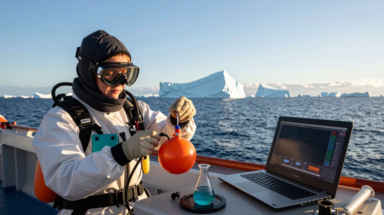 Cientista em barco no Ártico realiza experimento com balão e computador, com icebergs ao fundo.