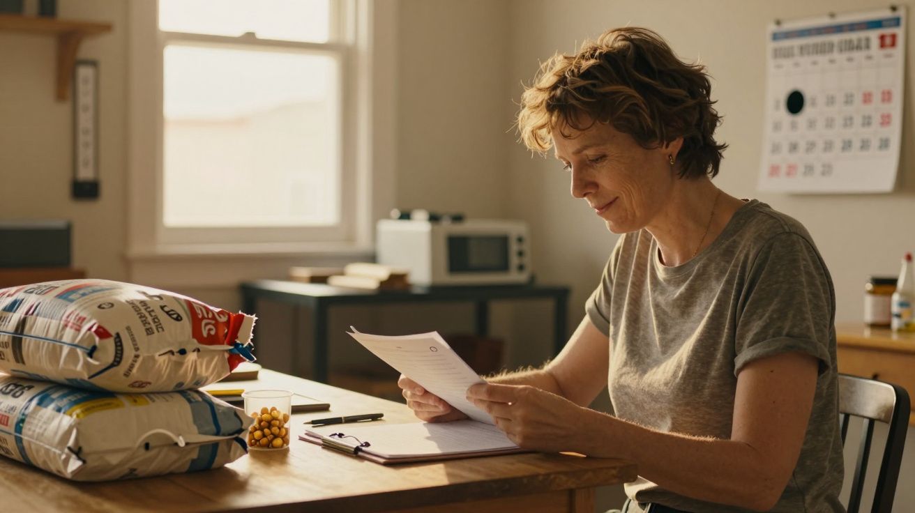 Mulher lendo documentos à mesa, com sacos de comida para cão e copo de amendoins. Cozinha ao fundo.