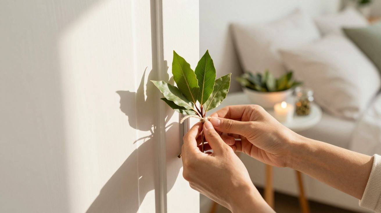 Mãos segurando folhas de louro, com fundo de interior de quarto iluminado.