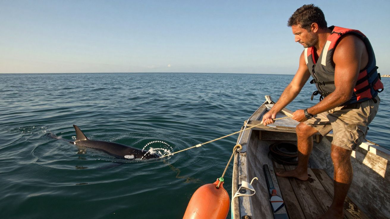 Homem num barco, puxando corda presa a um golfinho na água, com colete salva-vidas.
