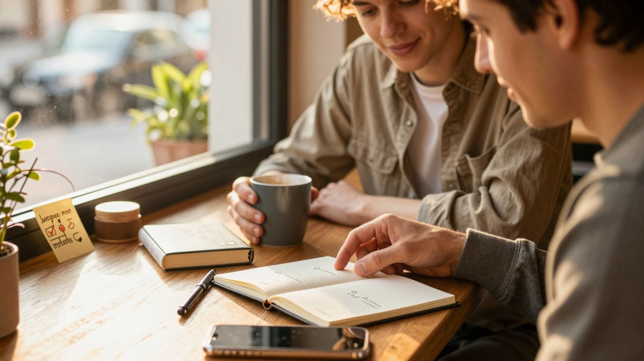 Dois indivíduos num café, um segura uma caneca enquanto o outro aponta para um caderno sobre a mesa de madeira.
