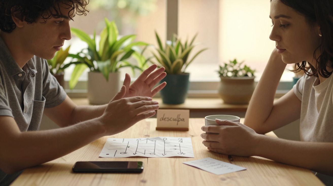 Dois jovens conversam à mesa, com plantas ao fundo e papéis na frente.