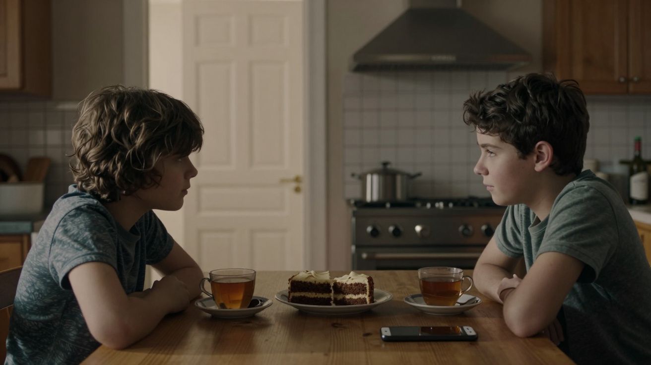Dois rapazes sentados à mesa da cozinha, com chá e fatias de bolo; telefone sobre a mesa.