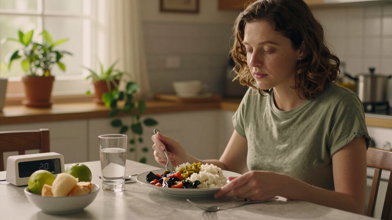 Mulher sentada à mesa a comer salada e arroz numa cozinha iluminada, com frutas e água ao lado.