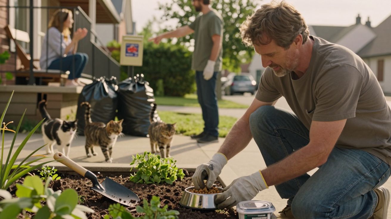 Homem de luvas planta flores no jardim, enquanto três gatos se aproximam. Mulher e homem ao fundo junto a sacos de lixo.