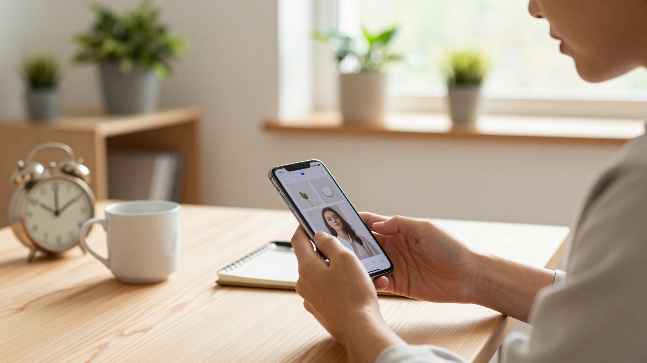 Pessoa segura um smartphone à mesa, vendo uma videochamada com uma imagem de um rosto feminino. Caneca e relógio ao fundo.