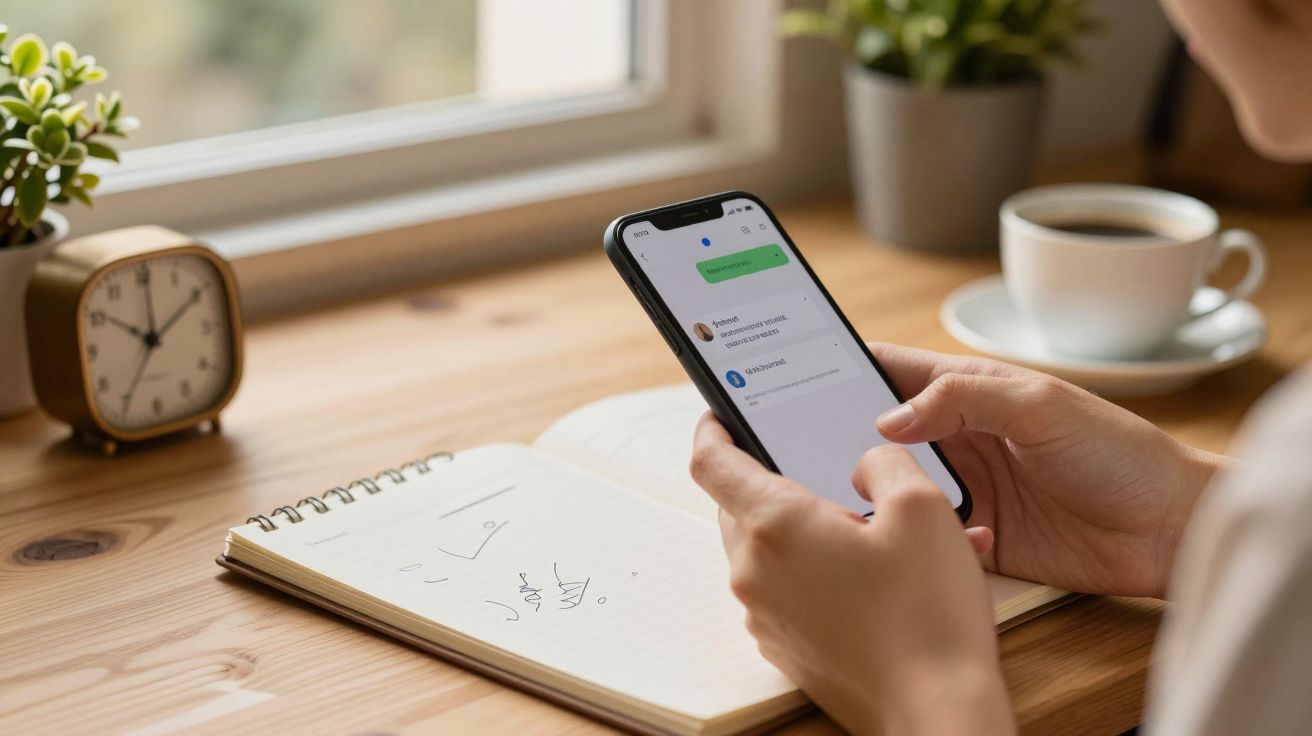 Pessoa segura um smartphone ao lado de um bloco de notas e uma chávena de café numa mesa de madeira.