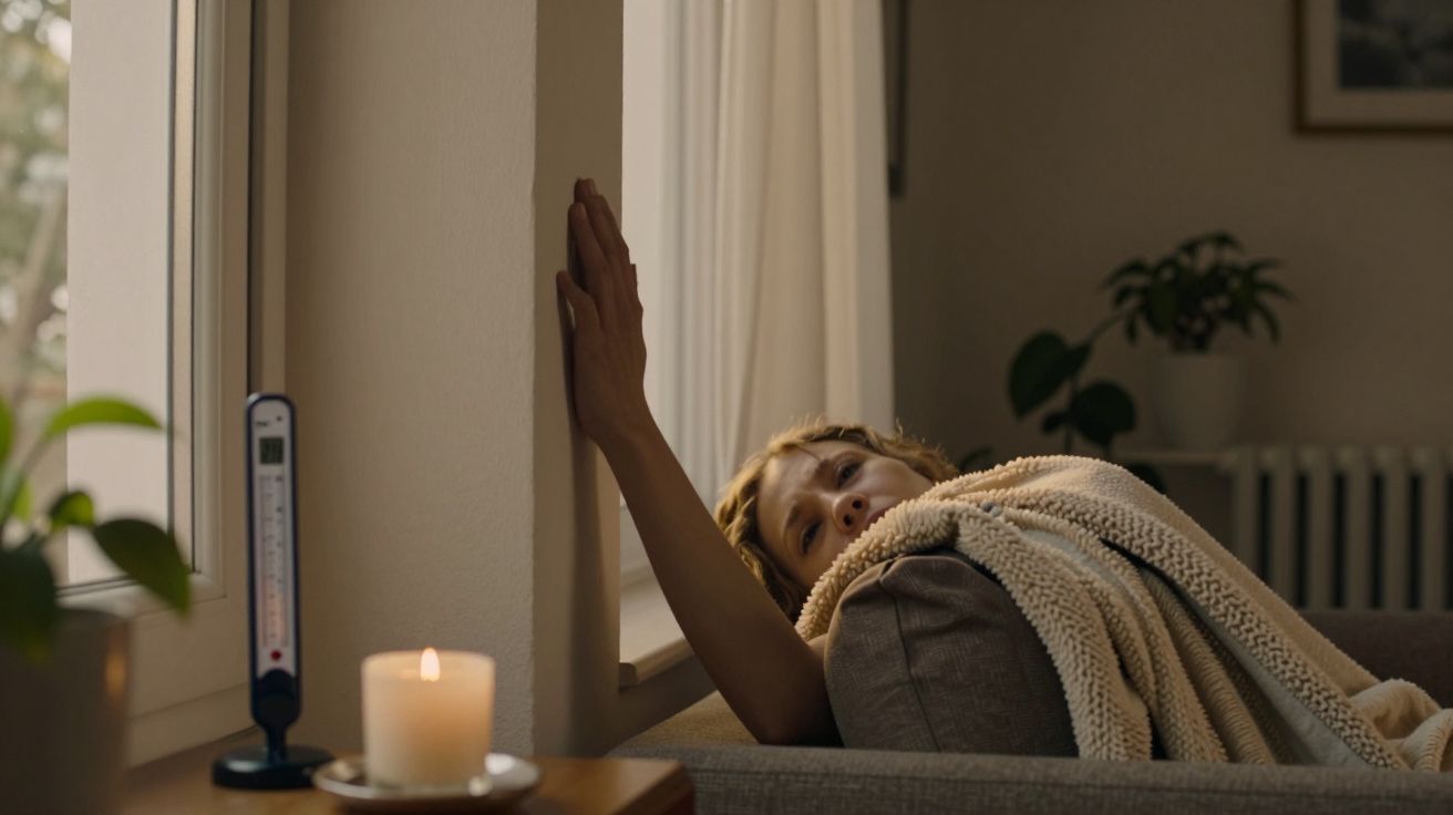 Mulher deitada no sofá com cobertor, ao lado de uma janela, vela acesa e planta ao fundo, transmite tranquilidade.