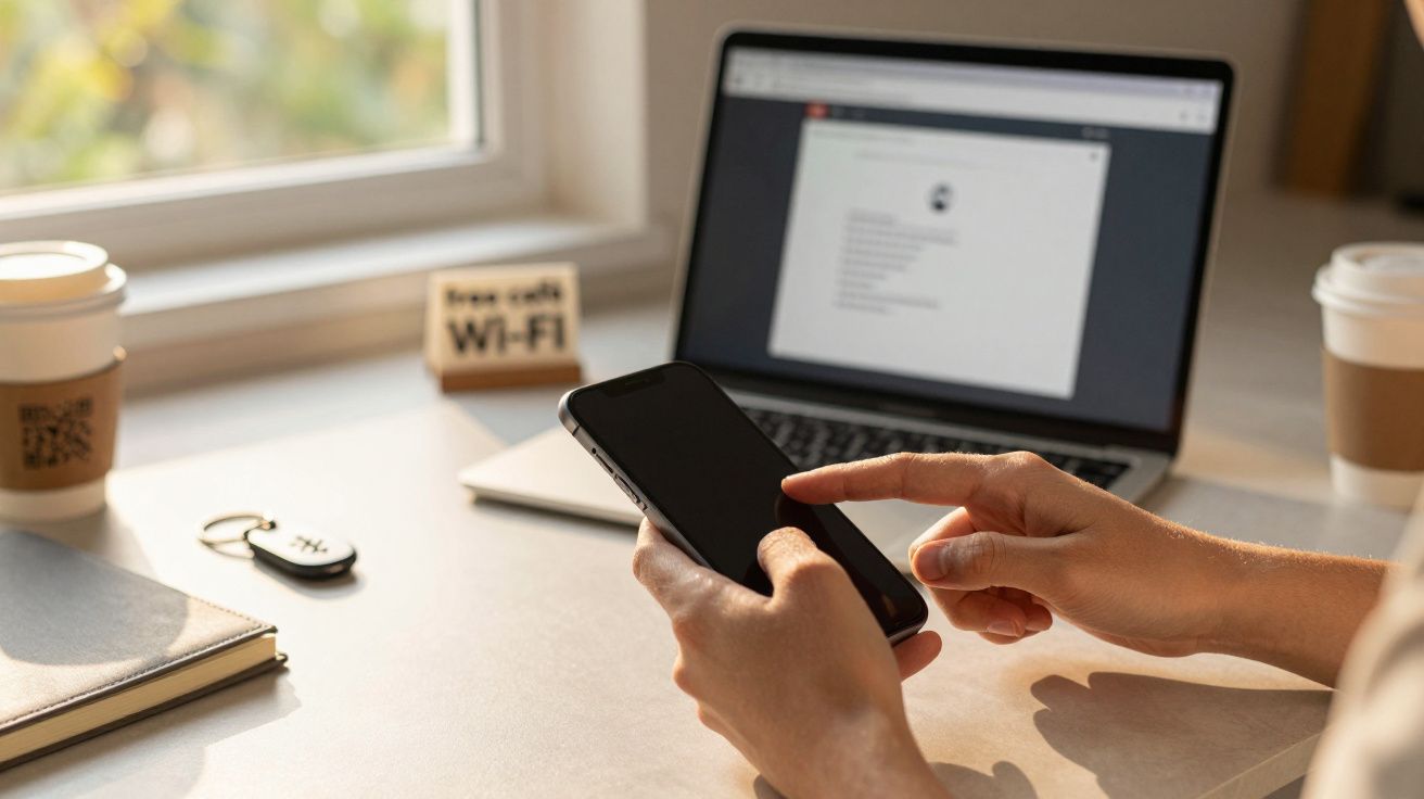 Pessoa usando smartphone em frente a laptop numa mesa, com chávenas de café e um sinal de Wi-Fi grátis ao fundo.