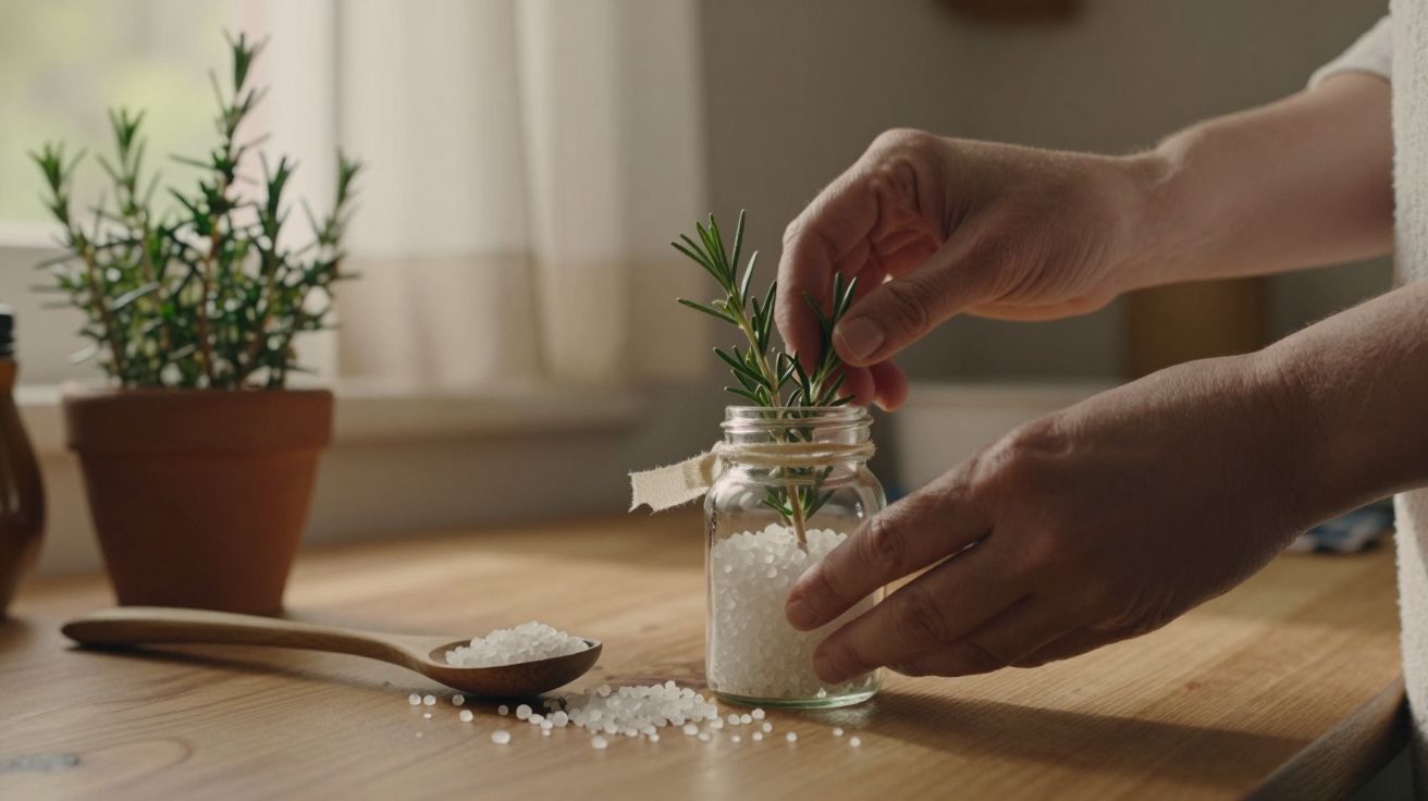 Mãos colocam um ramo de alecrim num frasco com grânulos brancos, sobre uma mesa de madeira, com planta ao fundo.