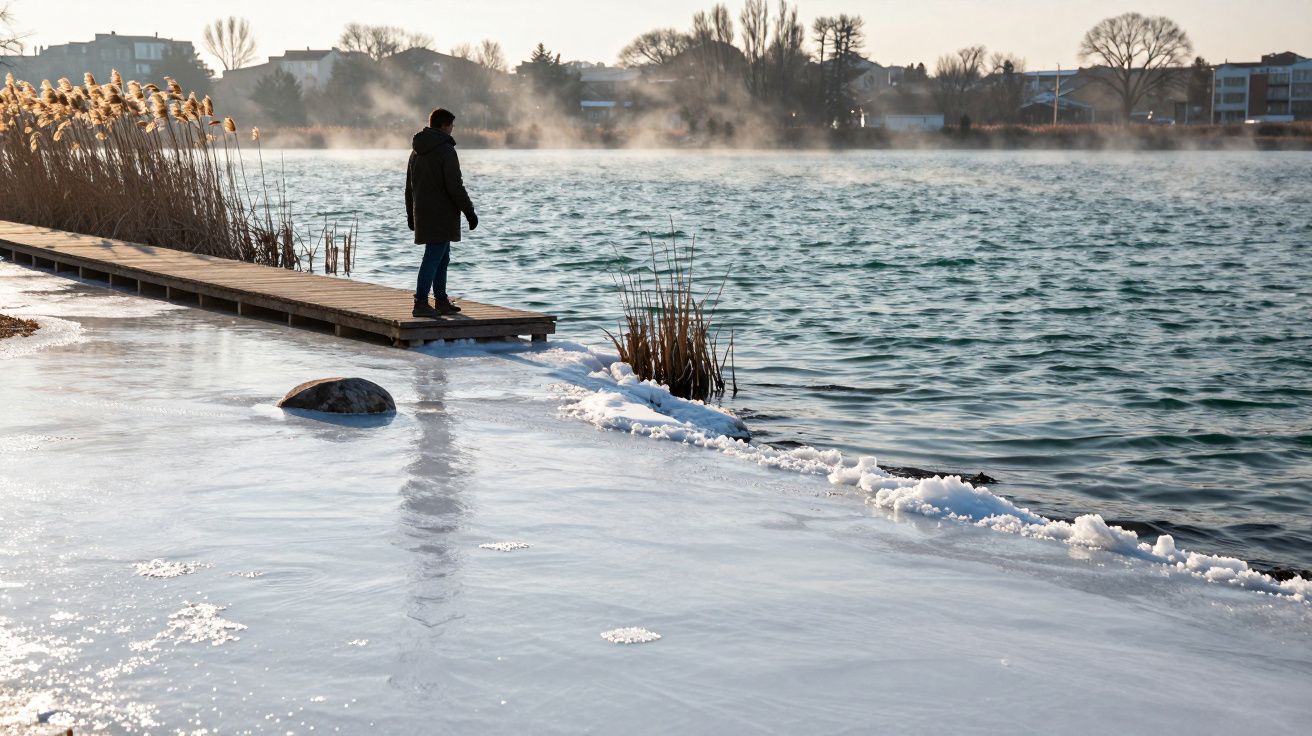 Pessoa de pé num pontão sobre um lago parcialmente gelado, natureza de inverno ao fundo.