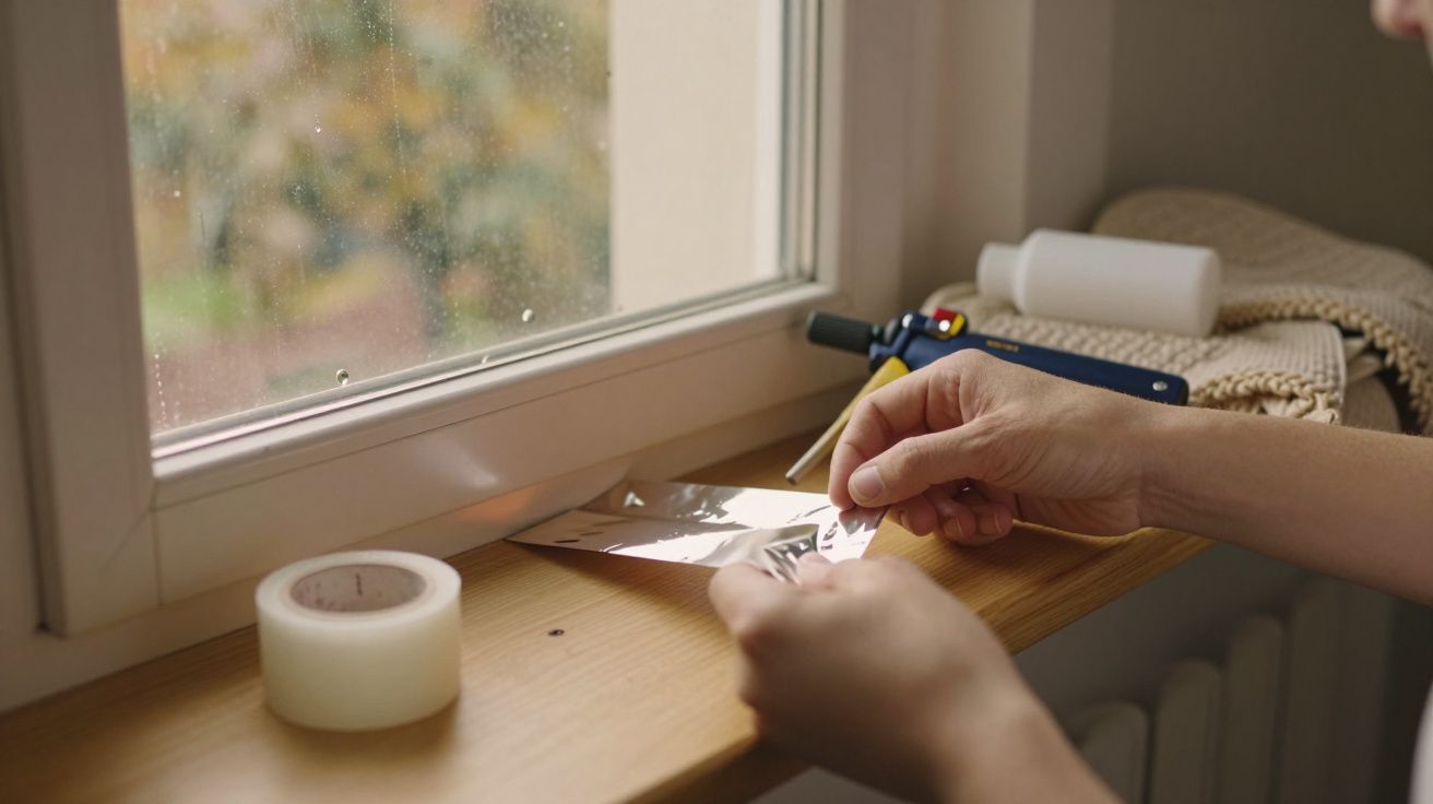 Mãos seguram um cartão com padrão geométrico perto de uma janela, com fita adesiva e ferramentas ao fundo.