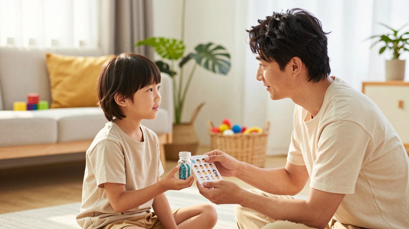 Homem e criança em sala de estar, segurando medicamentos e conversa; interior iluminado e decorado.