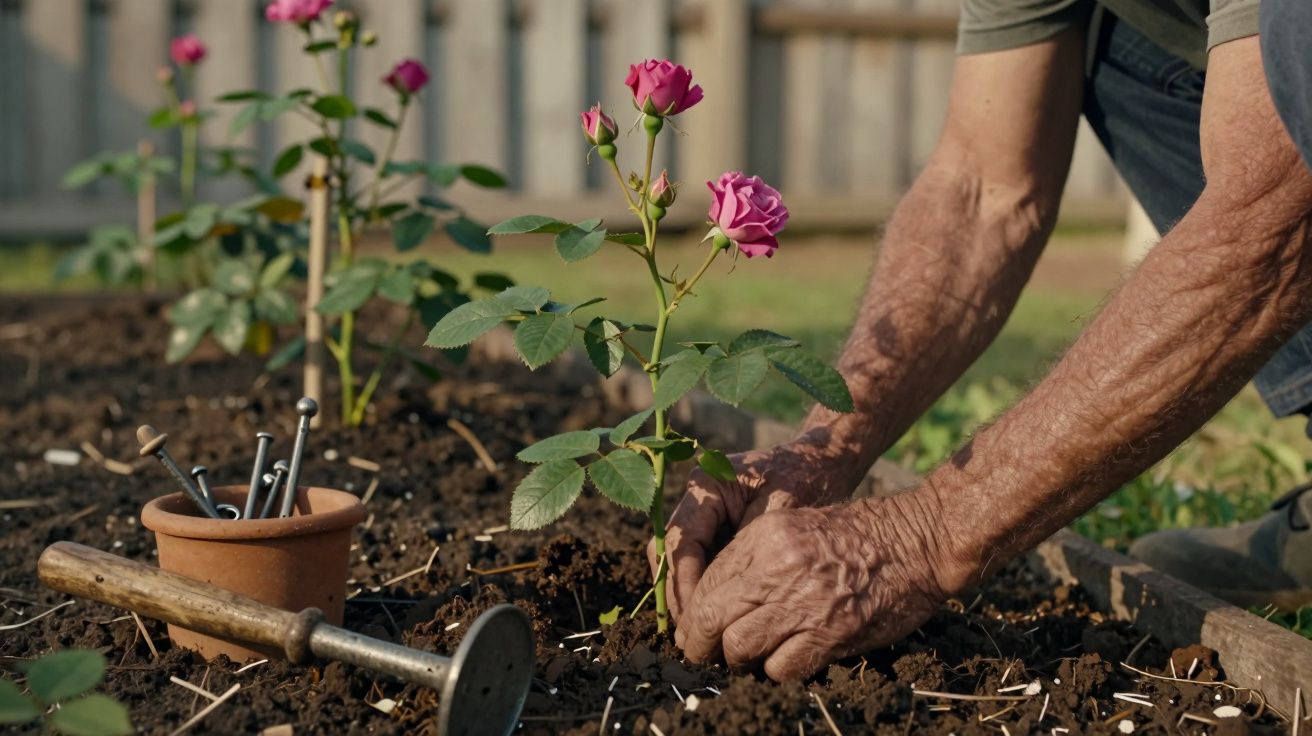 Pessoa plantando rosas cor-de-rosa num jardim, com ferramentas de jardinagem ao lado.