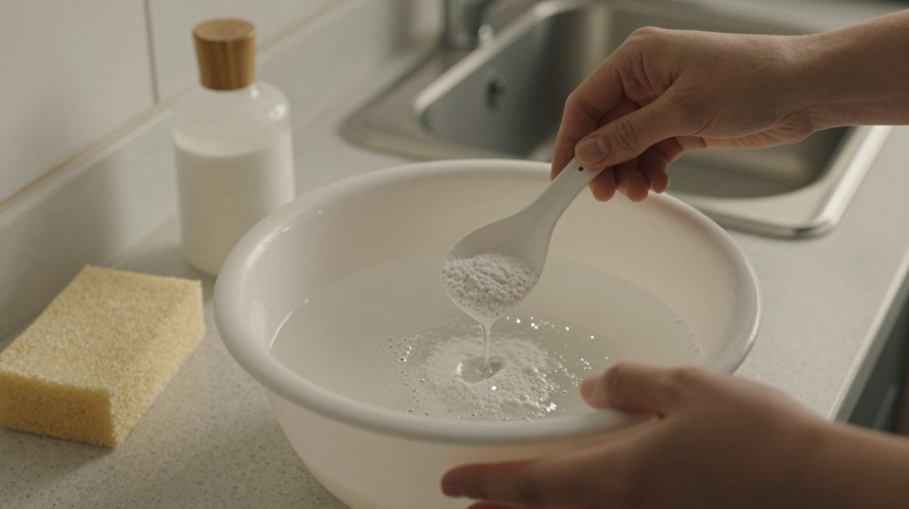 Mão despeja detergente em colher sobre bacia com água, esponja amarela e garrafa de sabão ao lado.