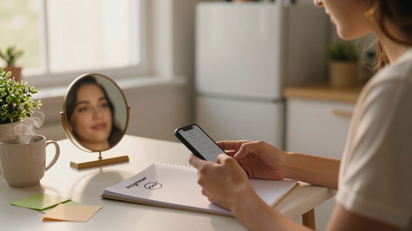 Mulher usando smartphone à mesa com um espelho, caderno, chá e planta ao lado.