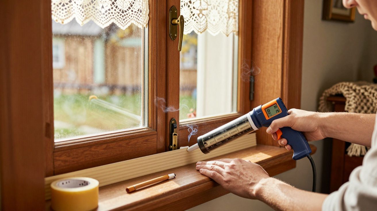 Pessoa a usar pistola de calor numa superfície de madeira junto a uma janela com cortina rendada.