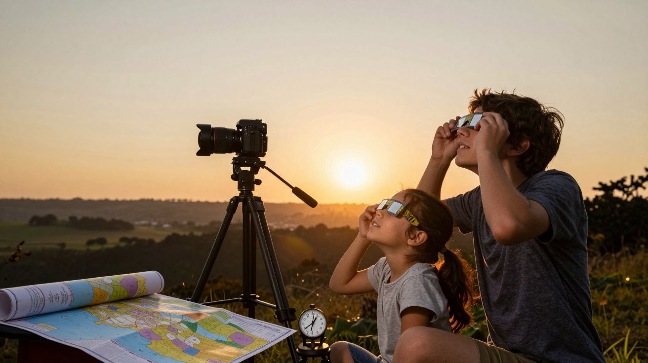 Duas crianças observam o pôr do sol com óculos especiais, ao lado de um tripé com câmara e mapas numa colina.