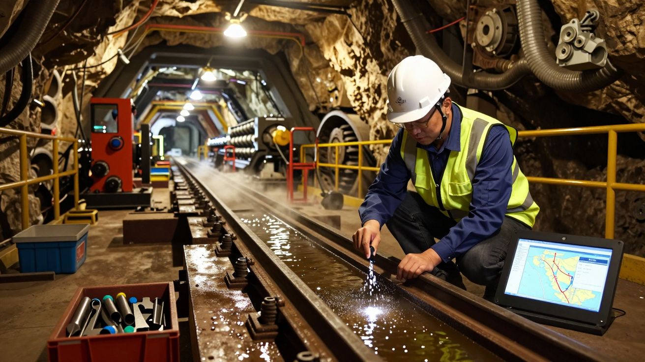 Engenheiro em túnel, vestindo capacete e colete, inspeciona trilhos em que corre água, com tablet ao lado.