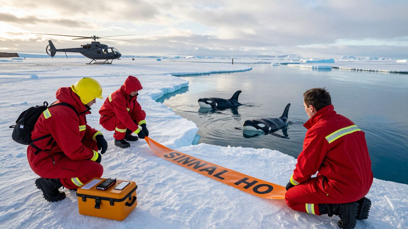 Três pessoas de fato vermelho assistem orcas no gelo, com um helicóptero ao fundo e faixa laranja inscrita "SINAL HO".