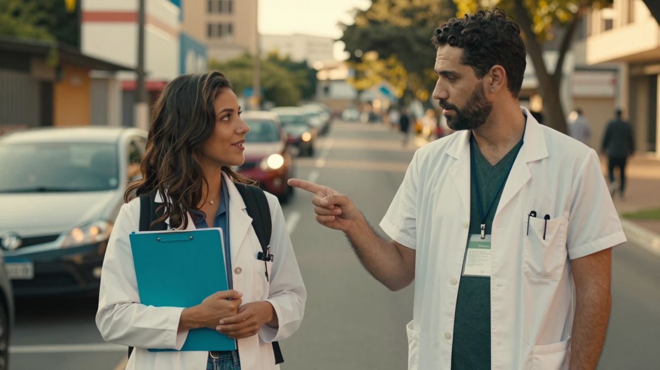 Dois profissionais de saúde conversam numa rua movimentada, ambos usando batas brancas e segurando documentos.