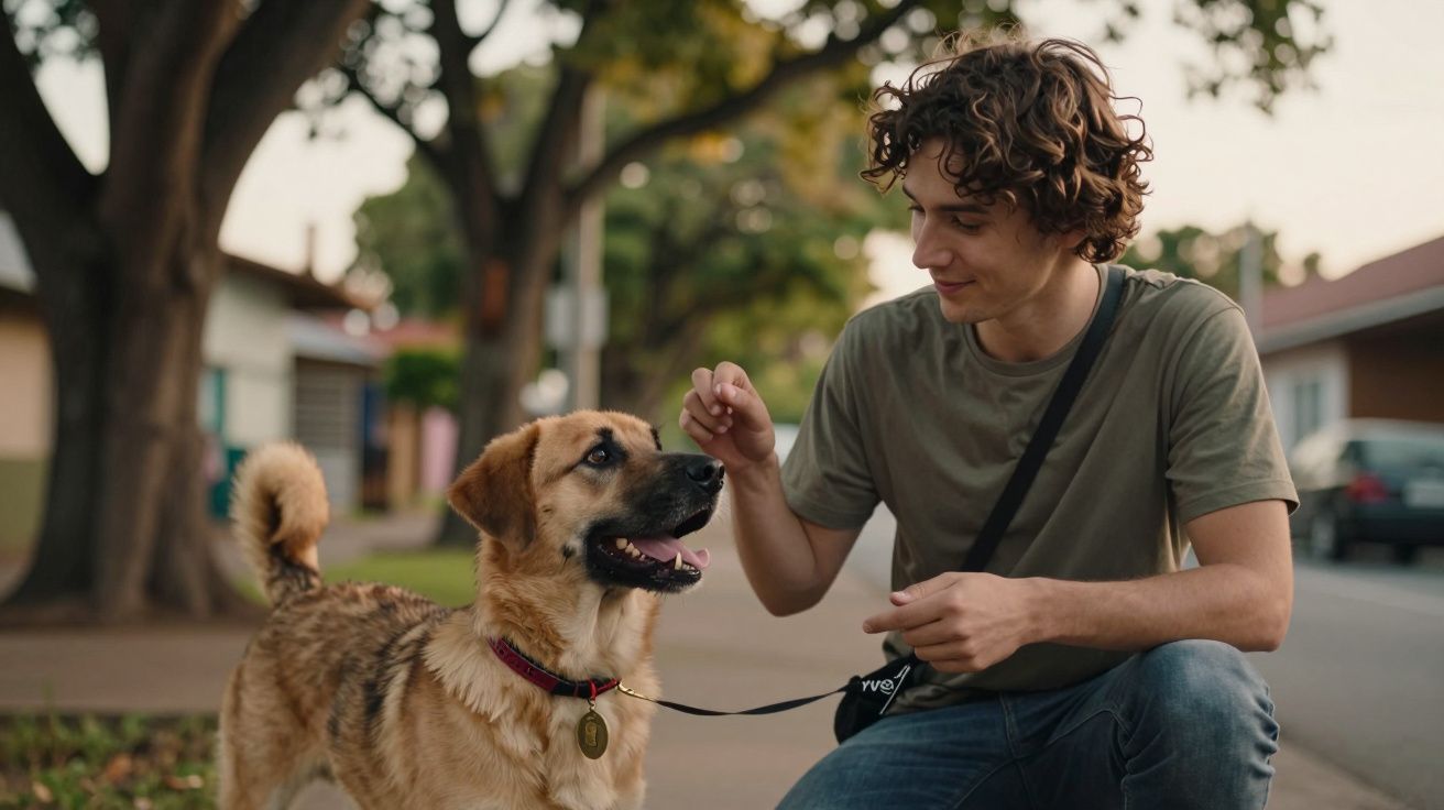 Homem ajoelhado, sorrindo e oferecendo petisco a cão com trela, em rua arborizada.