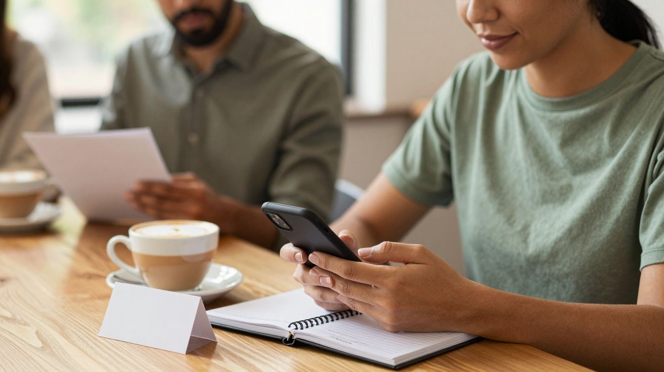 Pessoa segurando telemóvel enquanto outra lê documento. Ambos em mesa com café e bloco de notas.