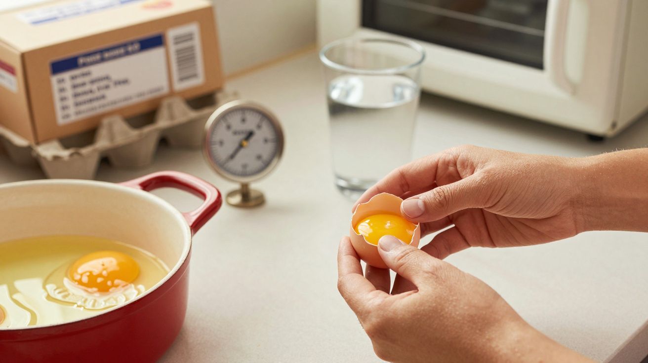 Mãos a separar gema de ovo sobre panela vermelha, com termómetro, copo de água e forno ao fundo.
