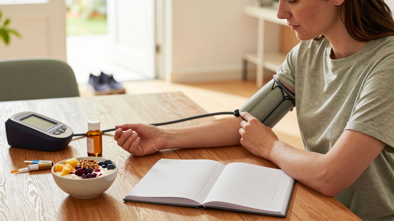 Mulher mede a pressão arterial à mesa com diário, frutas, medicamentos e aparelho de pressão.