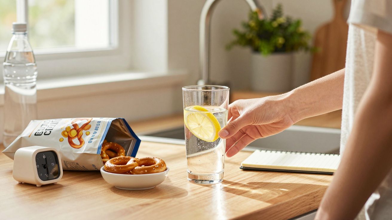 Pessoa segura copo de água com limão, ao lado de bolachas salgadas e bloco de notas numa cozinha iluminada.