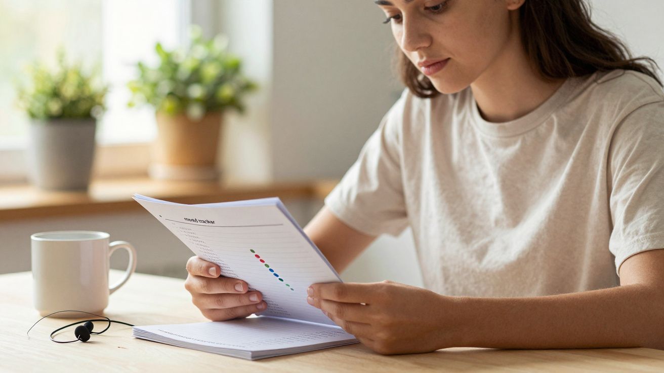 Mulher lendo um manual em uma mesa de madeira com caneca e fones de ouvido; plantas ao fundo.