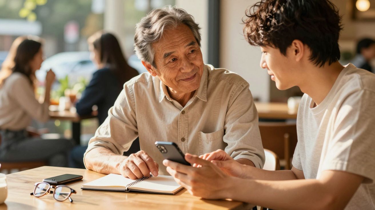 Homem mais velho e jovem conversam sorrindo numa mesa de café, com atenção num telemóvel e bloco de notas.
