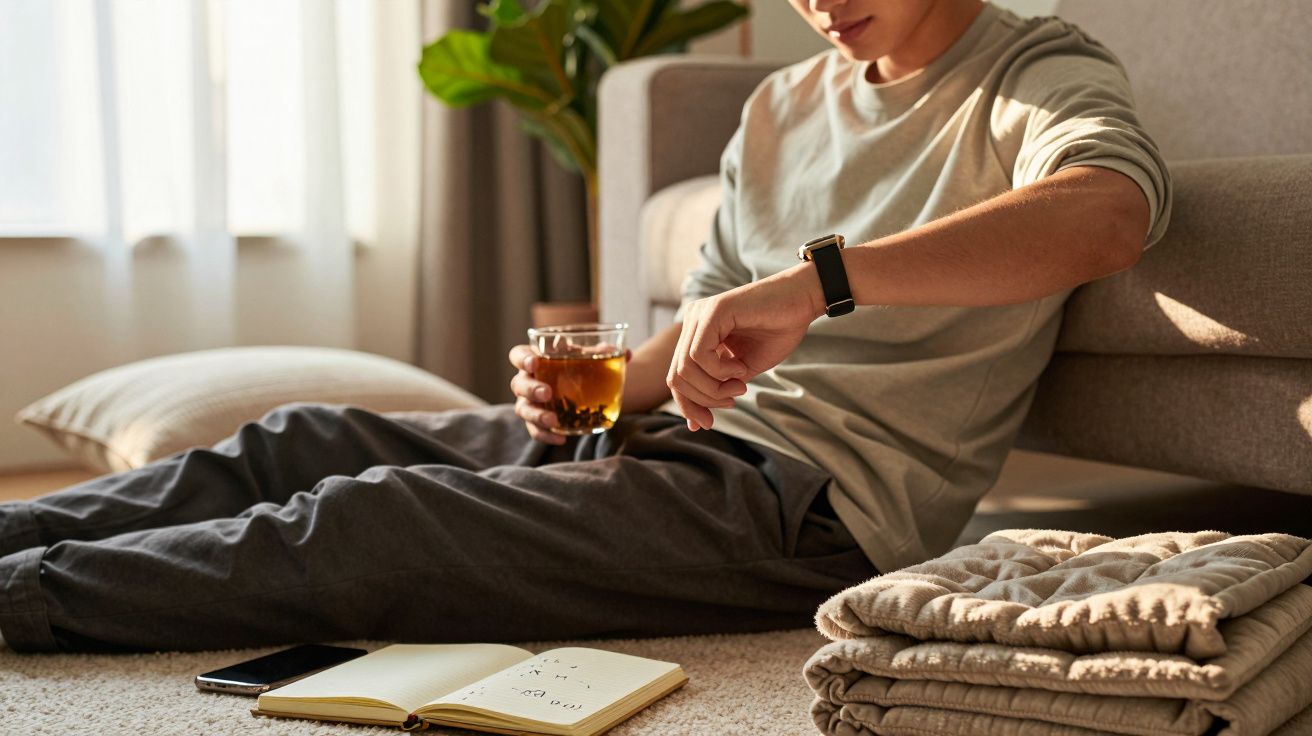 Pessoa sentada no chão a beber chá, com um caderno aberto e a verificar o relógio.