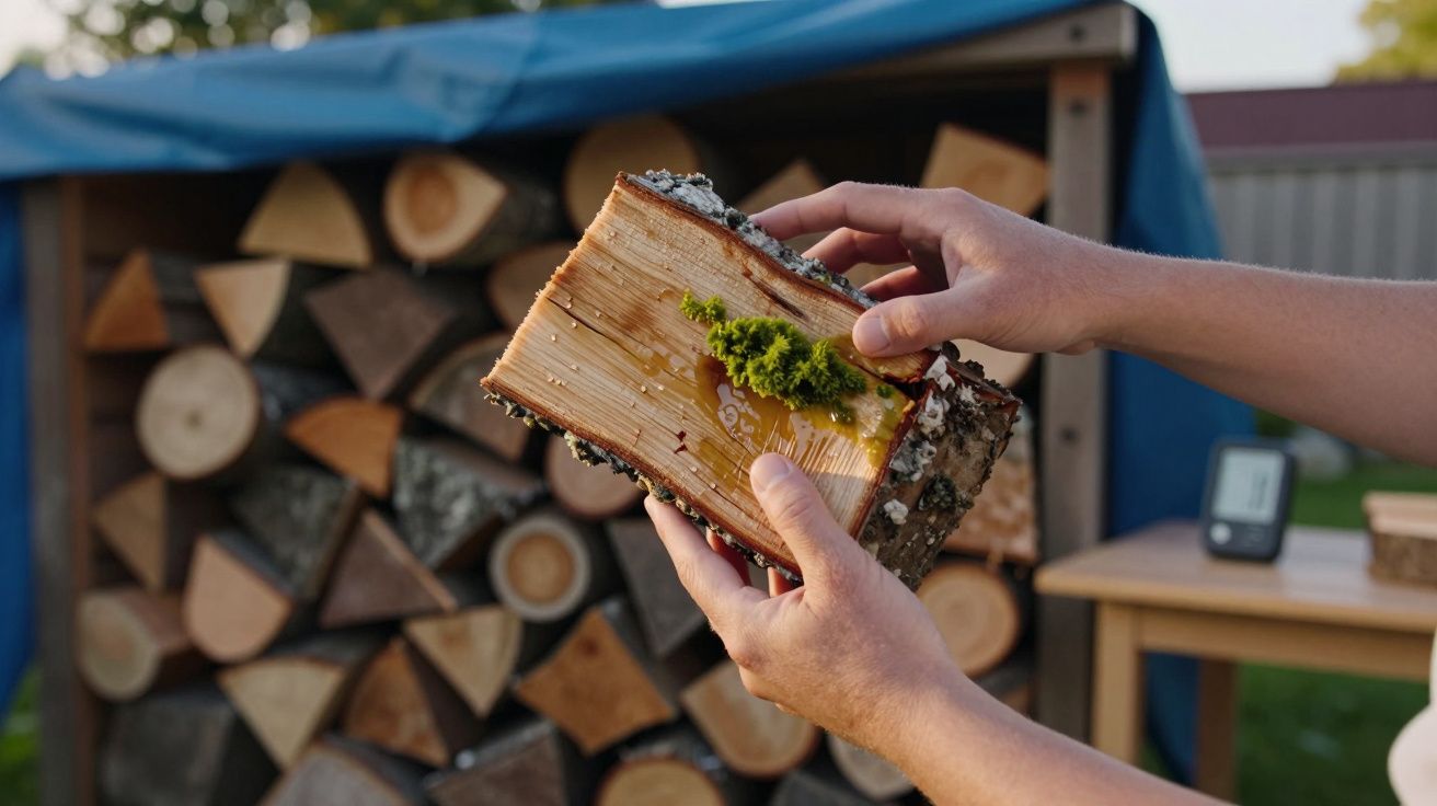 Mãos seguram um tronco com musgo, com pilha de lenha coberta ao fundo.