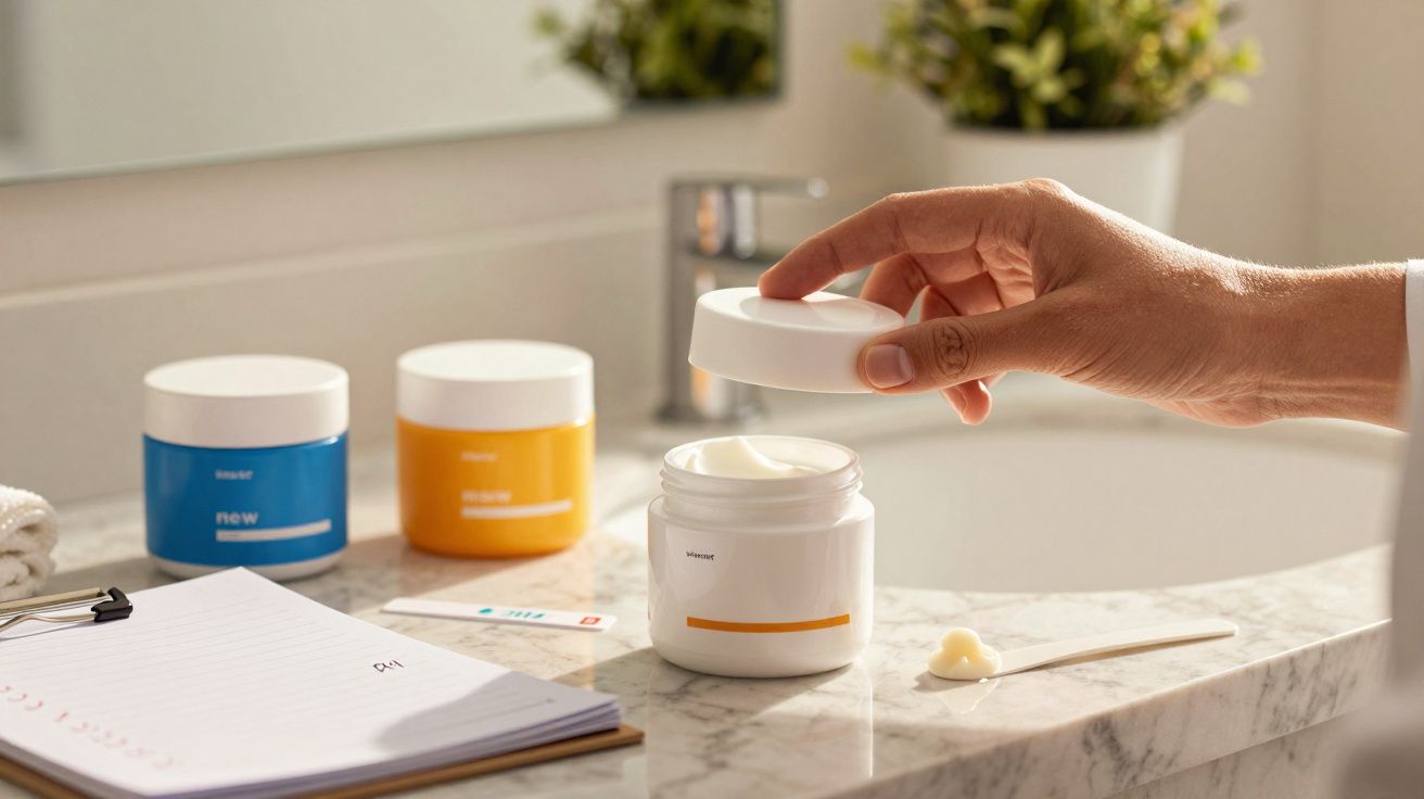 Mão a abrir frasco de creme branco em casa de banho, com produtos cosméticos e bloco de notas ao lado.