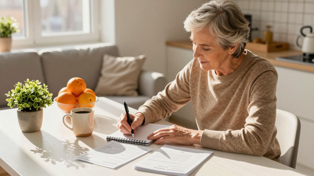 Mulher idosa escrevendo num caderno numa cozinha, com um café e frutas ao lado, em ambiente iluminado pela luz do sol.