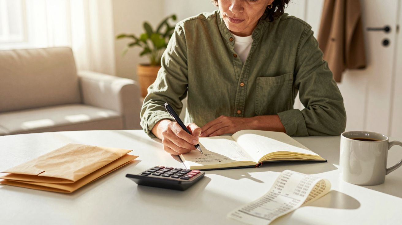 Mulher em camisa verde escreve em caderno com calculadora, chávena e recibos na mesa iluminada pelo sol.