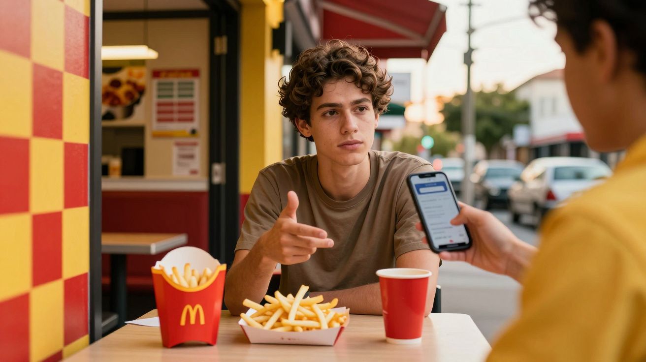 Jovem sentado numa esplanada com batatas fritas e bebida, conversando com outra pessoa que segura um telemóvel.