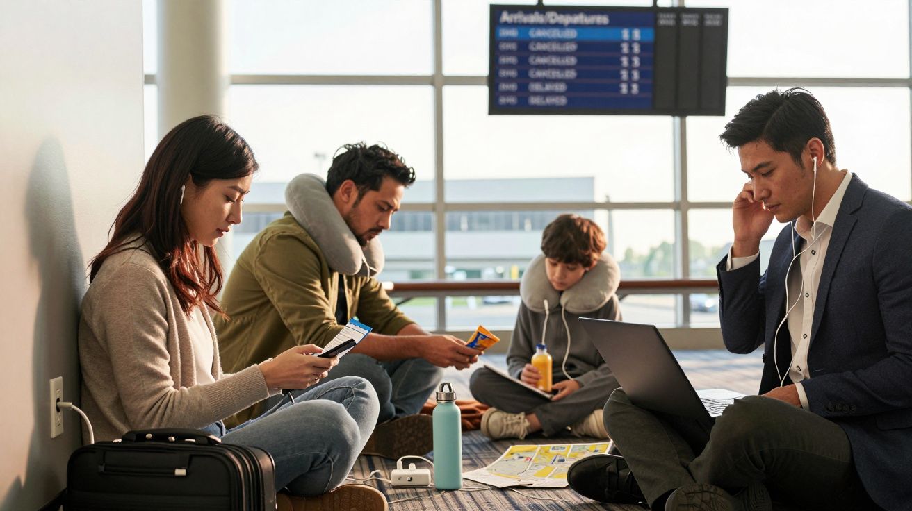 Quatro pessoas no aeroporto, com rostos cansados, à espera de voos cancelados, com almofadas de pescoço e eletrônicos.